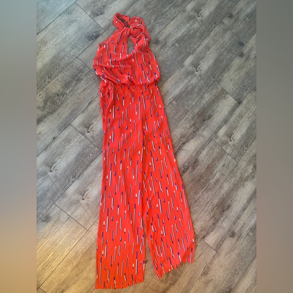 Sleeveless Red Halter Jumpsuit with Subtle Print - Picture 5 of 5